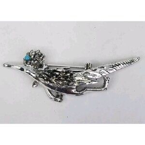 ROADRUNNER Pin Bird Brooch Blue Eye Unsigned Silver Tone Metal Lapel Hat Vintage